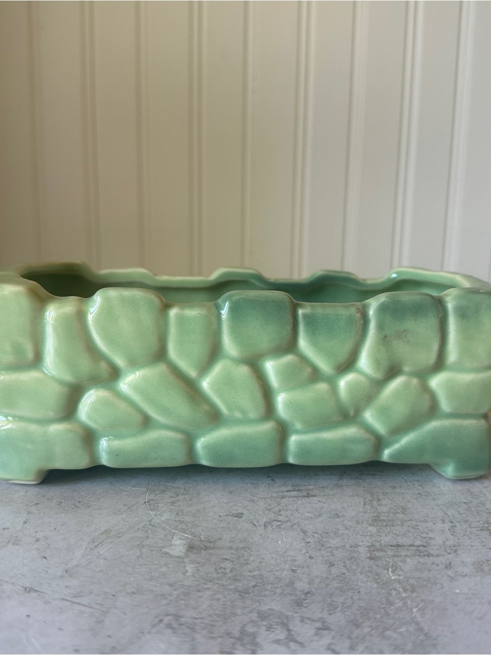 Vintage McCoy Pottery Bulb Shallow Planter Green Stone Rock Wall 1960s EUC